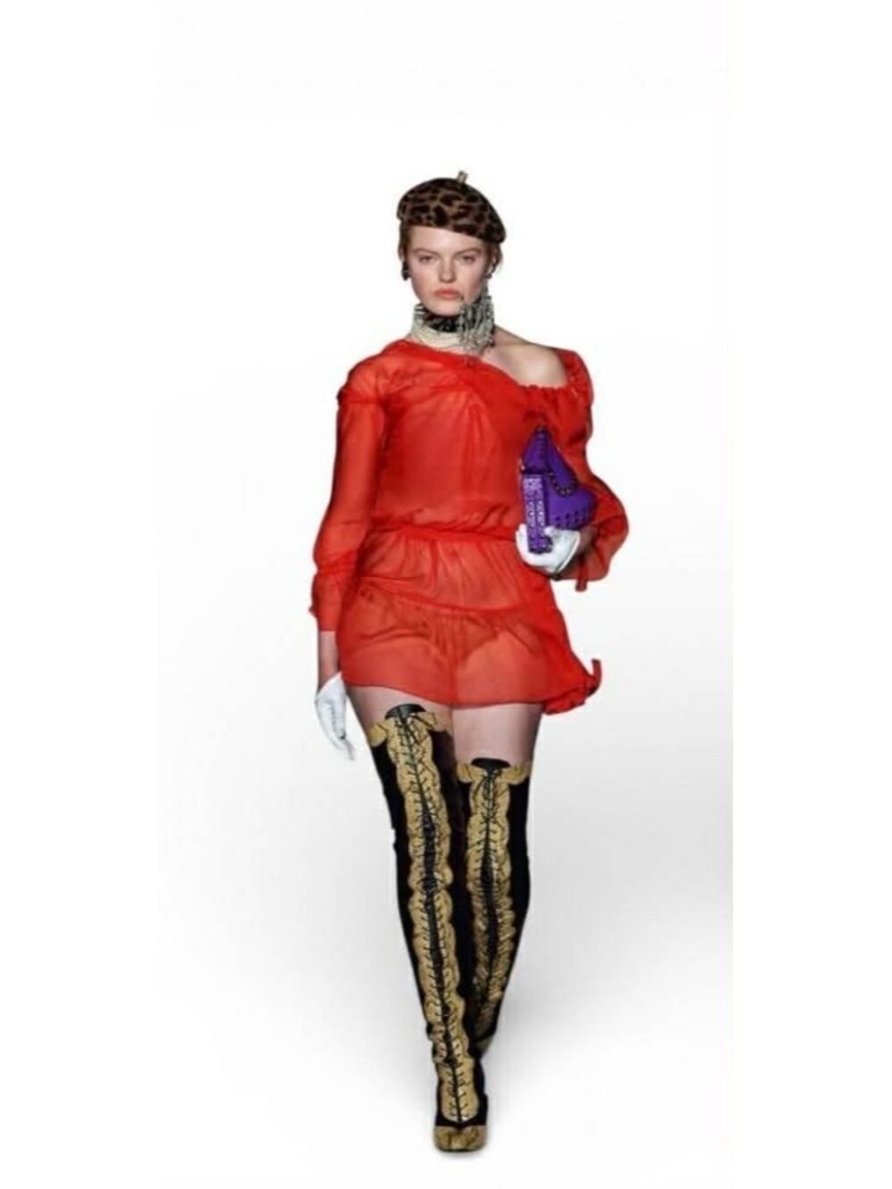 NWT $3003 Gucci Ruffled Off-The-Shoulder Silk-Chiffon Mini Dress Rose Red Size 6